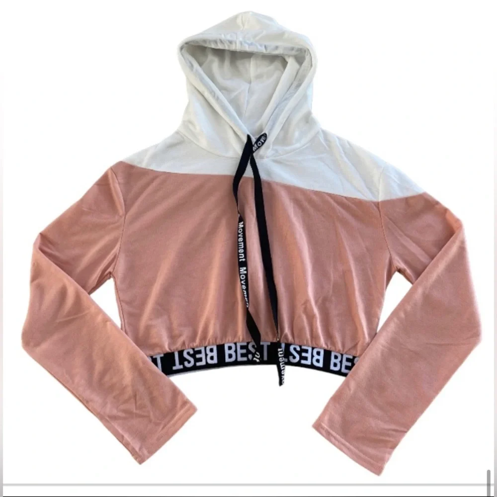 SweatyRocks: Cropped Pink and White Athletic Pullover Hoodie Sweatshirt